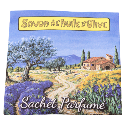 Sachet Parfumé à la lavande avec une illustration retro d'un paysage de Provence de la collection Linge de maison "Sachets Parfumés" - Fabriqué en France par La Savonnerie de Nyons