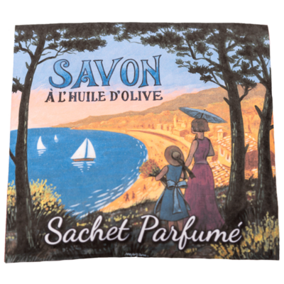 Sachet Parfumé à la fleur de coton avec une illustration retro d'un paysage de la Côte d'Azur de la collection Linge de maison "Sachets Parfumés" - Fabriqué en France par La Savonnerie de Nyons