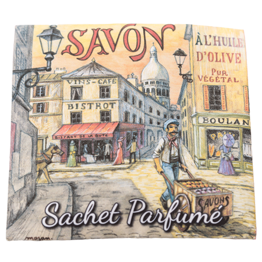 Sachet Parfumé à la rose de Mai avec une illustration retro du quartier de Montmarte à Paris de la collection Linge de maison "Sachets Parfumés" - Fabriqué en France par La Savonnerie de Nyons