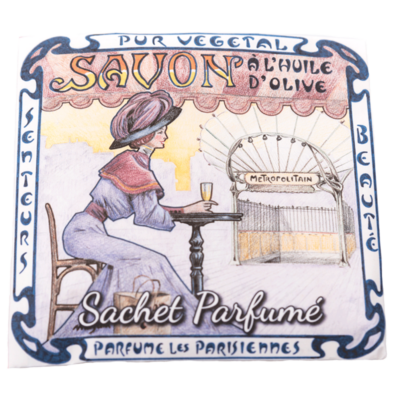 Sachet Parfumé à la rose de Mai avec une illustration retro du quartier de Montmarte à Paris de la collection Linge de maison "Sachets Parfumés" - Fabriqué en France par La Savonnerie de Nyons