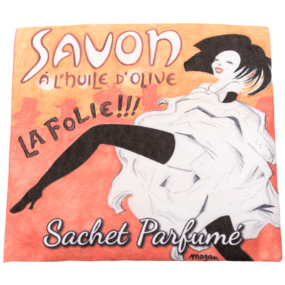 Sachet Parfumé à la rose de Mai avec une illustration retro des Folies Bergères à Paris de la collection Linge de maison "Sachets Parfumés" - Fabriqué en France par La Savonnerie de Nyons