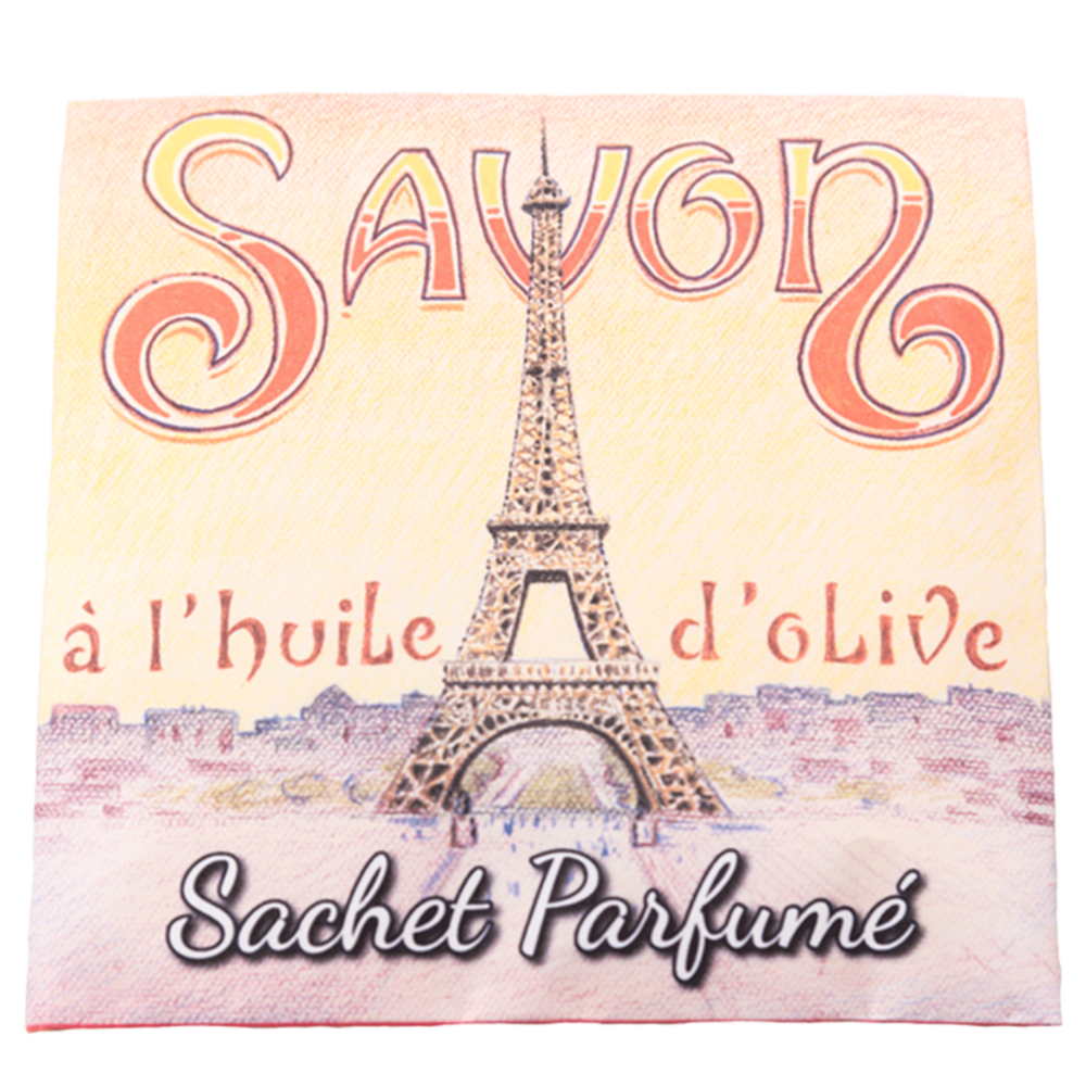 Sachet Parfumé à la rose de Mai avec une illustration retro de la Tour Eiffel à Paris de la collection Linge de maison "Sachets Parfumés" - Fabriqué en France par La Savonnerie de Nyons