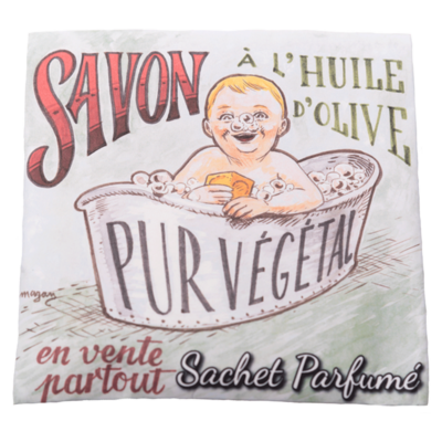 Sachet Parfumé à la fleur de coton avec une illustration retro de bebe heureux prenant son bain de la collection Linge de maison "Sachets Parfumés" - Fabriqué en France par La Savonnerie de Nyons