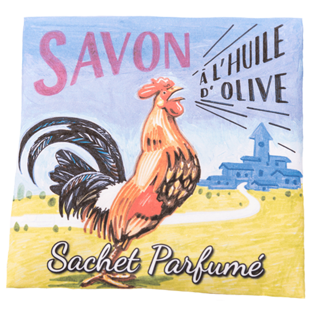 Sachet Parfumé à la fleur de coton avec une illustration retro de coq de la collection Linge de maison "Sachets Parfumés" - Fabriqué en France par La Savonnerie de Nyons