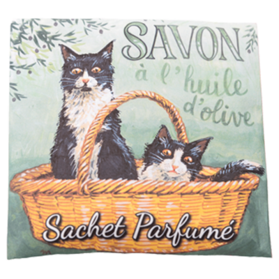 Sachet Parfumé à la fleur de coton avec une illustration retro de chats noirs et blancs de la collection Linge de maison "Sachets Parfumés" - Fabriqué en France par La Savonnerie de Nyons