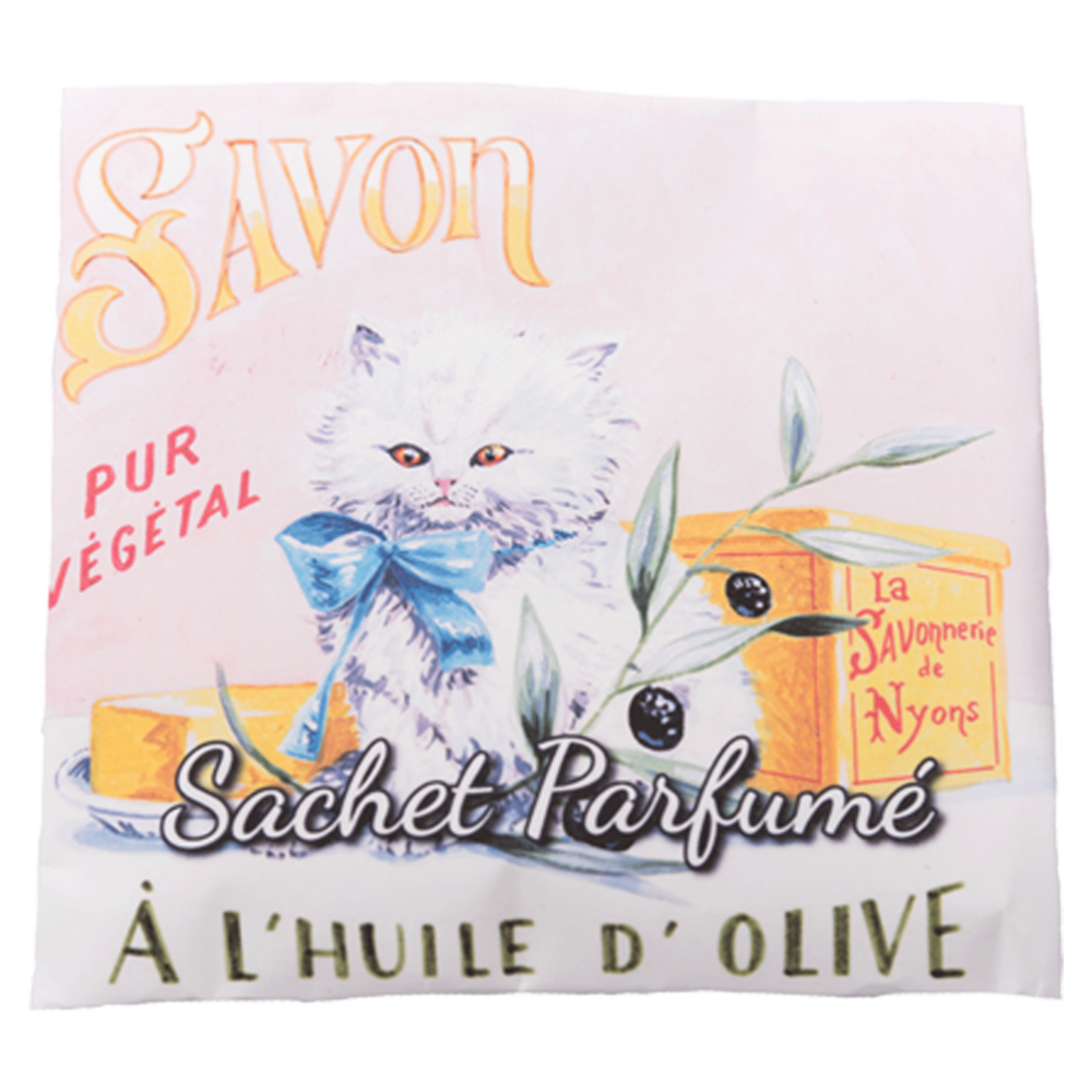 Sachet Parfumé à la fleur de coton avec une illustration retro de chat persan de la collection Linge de maison "Sachets Parfumés" - Fabriqué en France par La Savonnerie de Nyons