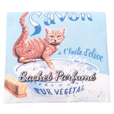 Sachet Parfumé senteur angélique avec une illustration retro de chat roux de la collection Linge de maison "Sachets Parfumés" - Fabriqué en France par La Savonnerie de Nyons