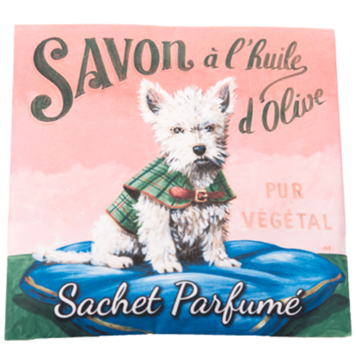 Sachet Parfumé senteur angelique avec une illustration retro d'un chien Westie de la collection Linge de maison "Sachets Parfumés" - Fabriqué en France par La Savonnerie de Nyons