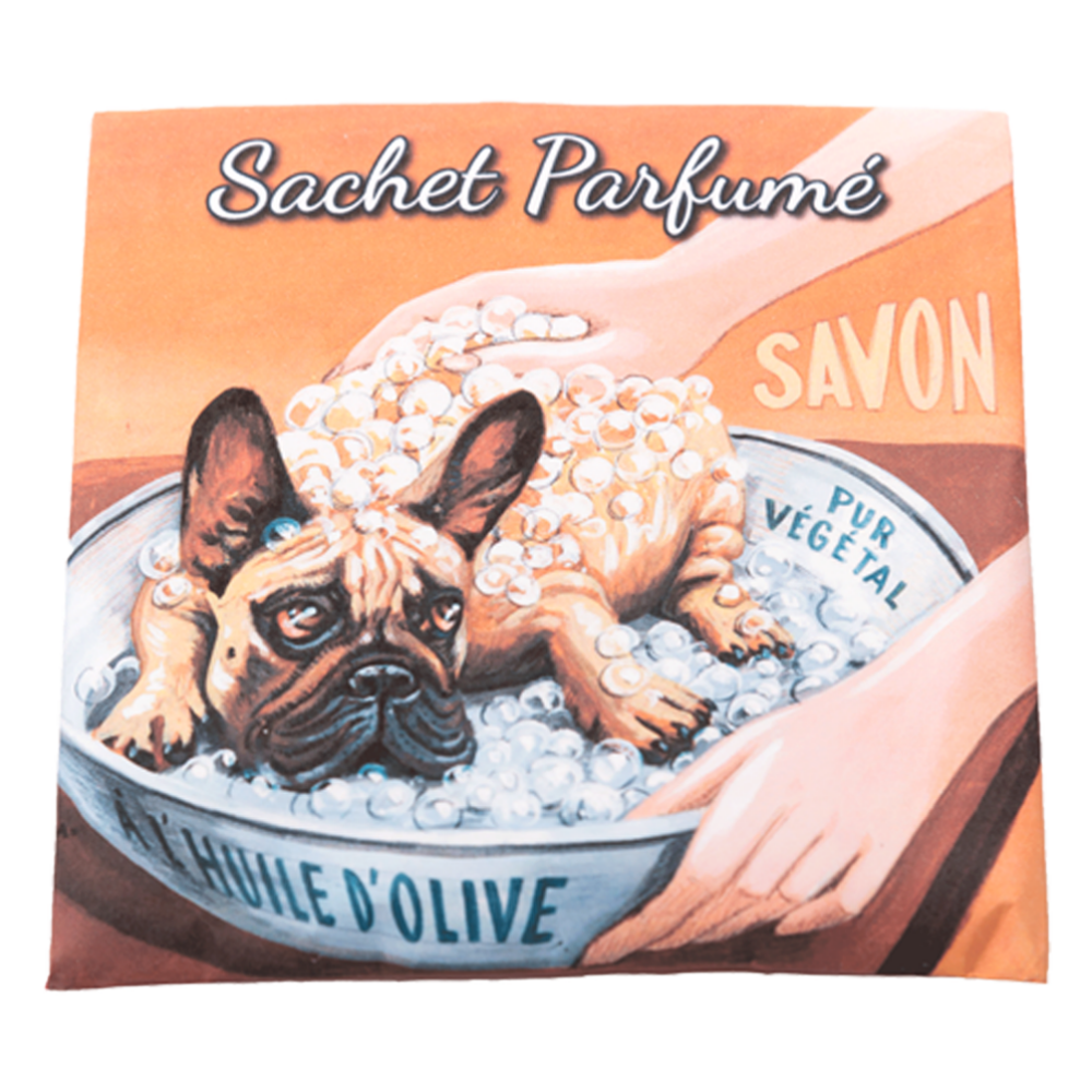 Sachet Parfumé senteur angelique avec une illustration retro d'un chien Bulldog de la collection Linge de maison "Sachets Parfumés" - Fabriqué en France par La Savonnerie de Nyons