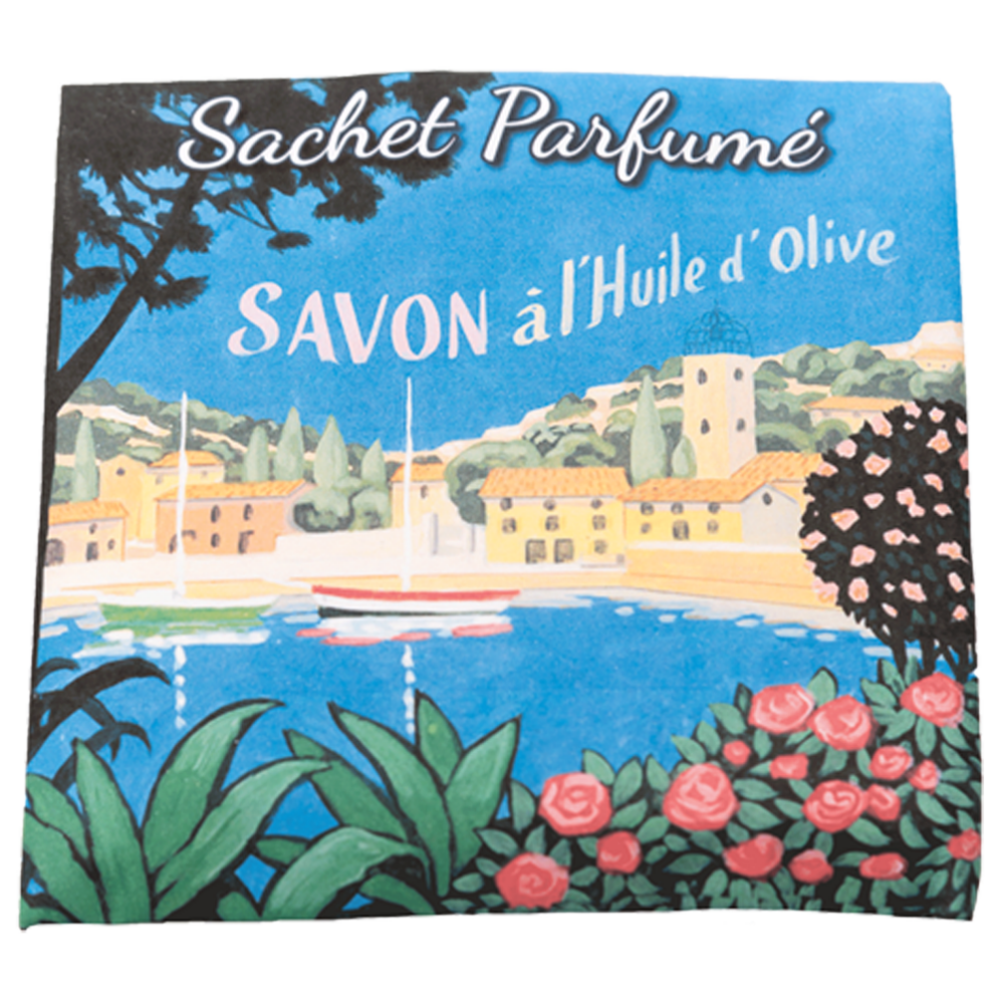 Sachet Parfumé à la rose avec une illustration retro d'une marina et de bateaux de la collection Linge de maison "Sachets Parfumés" - Fabriqué en France par La Savonnerie de Nyons