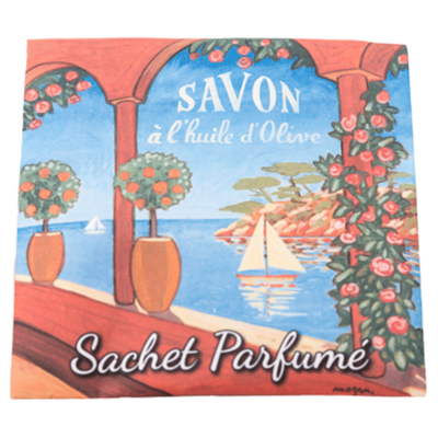 Sachet Parfumé à la rose avec une illustration retro de la Riviera française de la collection Linge de maison "Sachets Parfumés" - Fabriqué en France par La Savonnerie de Nyons