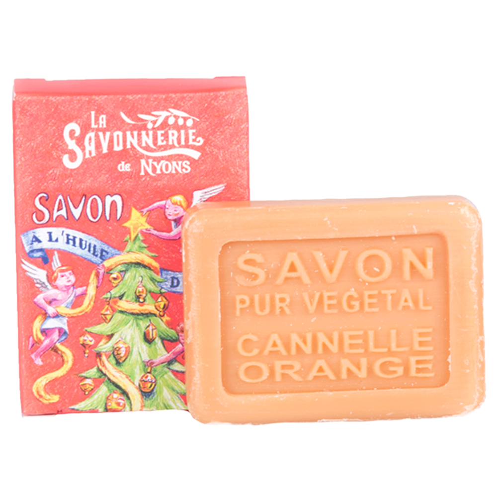 Mini savon rectangle de 25g à la canelle et à l'orange avec un emballage papier illustré par un Ange de la collection "Mini savons" - Fabriqué en France par La Savonnerie de Nyons