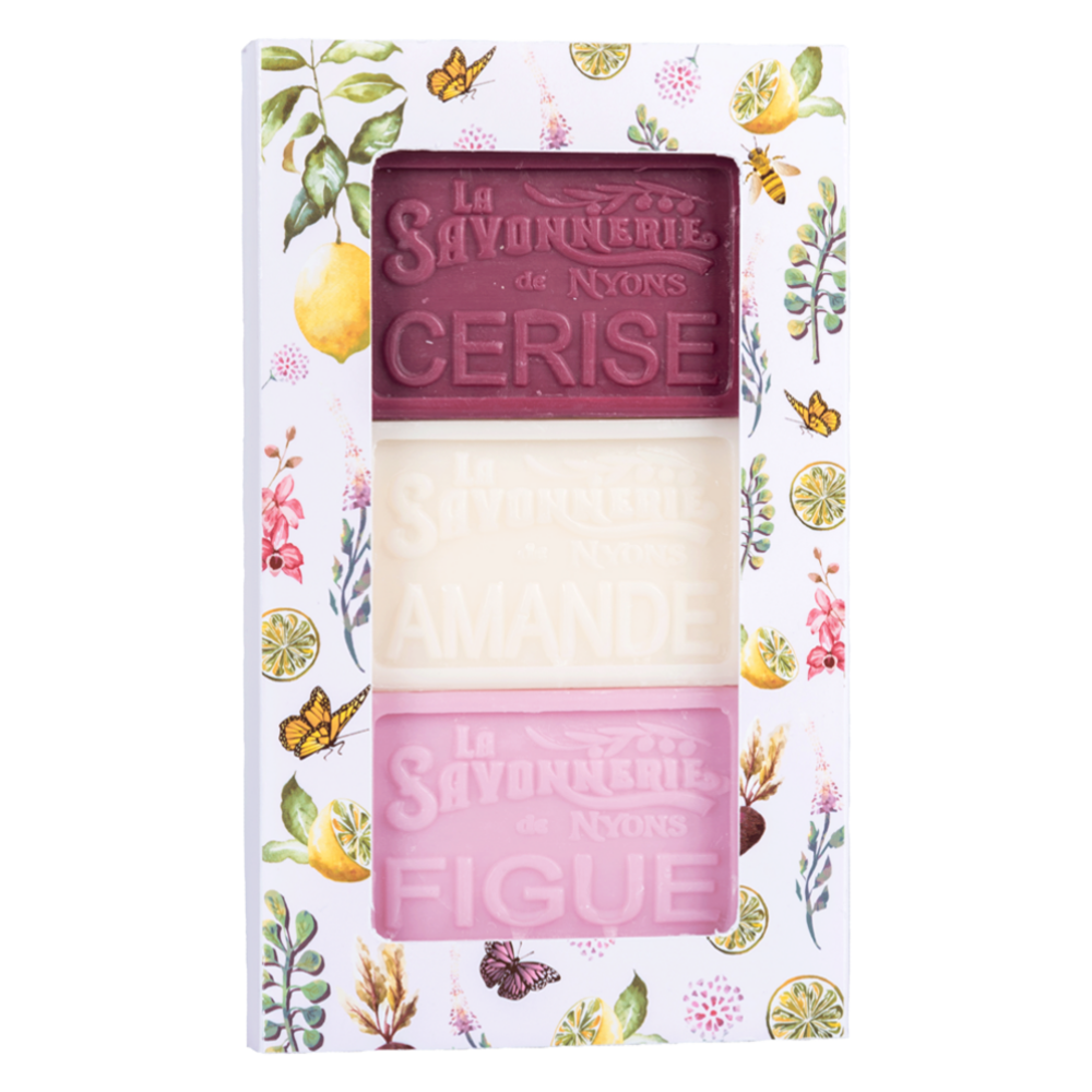 Coffret de 3 savons parfumés de 100g à la cerise, à la figue et à l'amande de la collection "Coffrets Savons" - Fabriqué en France par La Savonnerie de Nyons