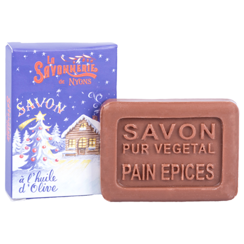 Mini savon rectangle de 25g au pain d'epice avec un emballage papier illustré par un traineau Pere Noel de la collection "Mini savons" - Fabriqué en France par La Savonnerie de Nyons