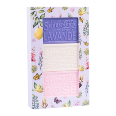 Coffret de 3 savons parfumés de 100g- à la lavande- à la rose et à la fleur de coton de la collection "Coffrets Savons" - Fabriqué en France par La Savonnerie de Nyons