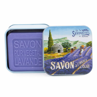 Savons dans une boite en métal avec une illustration de la borie de la collection de savons  "Boites avec Savons"