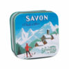 Savons dans une boite en métal avec une illustration de ski de randonnée de la collection de savons  "Boites avec Savons" - Fabriqué en France par La Savonnerie de Nyons