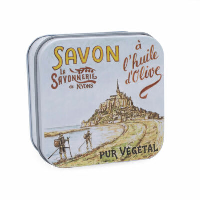 boite à savon en métal avec une illustration retro du Mont Saint Michel entre la Bretagne et la Normandie de la collection de savons "Boites avec Savons" - Fabriqué en France par La Savonnerie de Nyons