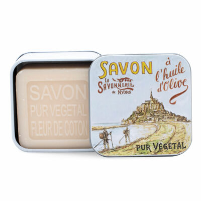 Savons dans une boite en métal avec une illustration retro du Mont Saint Michel entre la Bretagne et la Normandie de la collection de savons  "Boites avec Savons"