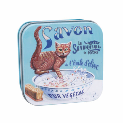 Savon dans une boite en métal retro illustrée avec un chat roux de la collection de savons parfumés "Boites avec Savons" - Fabriqué en France par La Savonnerie de Nyons