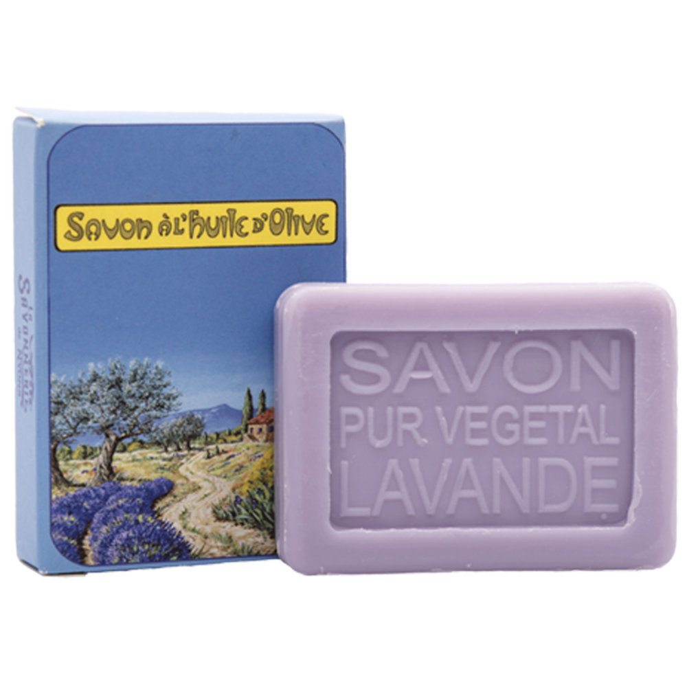 Mini savon rectangle de 25g à la lavande avec un emballage papier illustré par un paysage provençal de la collection "Mini savons" - Fabriqué en France par La Savonnerie de Nyons