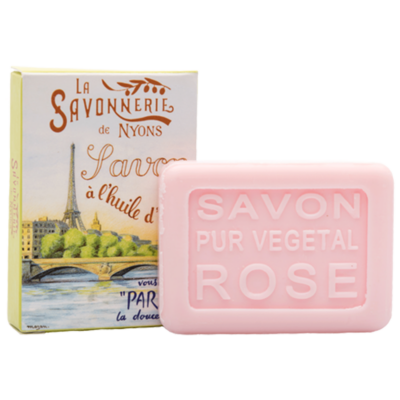 Mini savon rectangle de 25g à la rose avec un emballage papier illustré par le fleuve de la Seine en France de la collection "Mini savons" - Fabriqué en France par La Savonnerie de Nyons