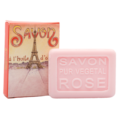 Mini savon rectangle de 25g à la rose avec un emballage papier illustré par la Tour Eiffel de la collection "Mini savons" - Fabriqué en France par La Savonnerie de Nyons