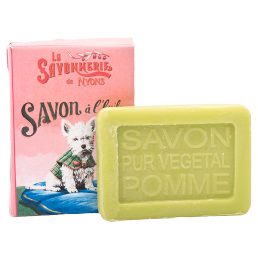 Mini savon rectangle de 25g à la pomme avec un emballage papier illustré par un chien westie de la collection "Mini savons" - Fabriqué en France par La Savonnerie de Nyons