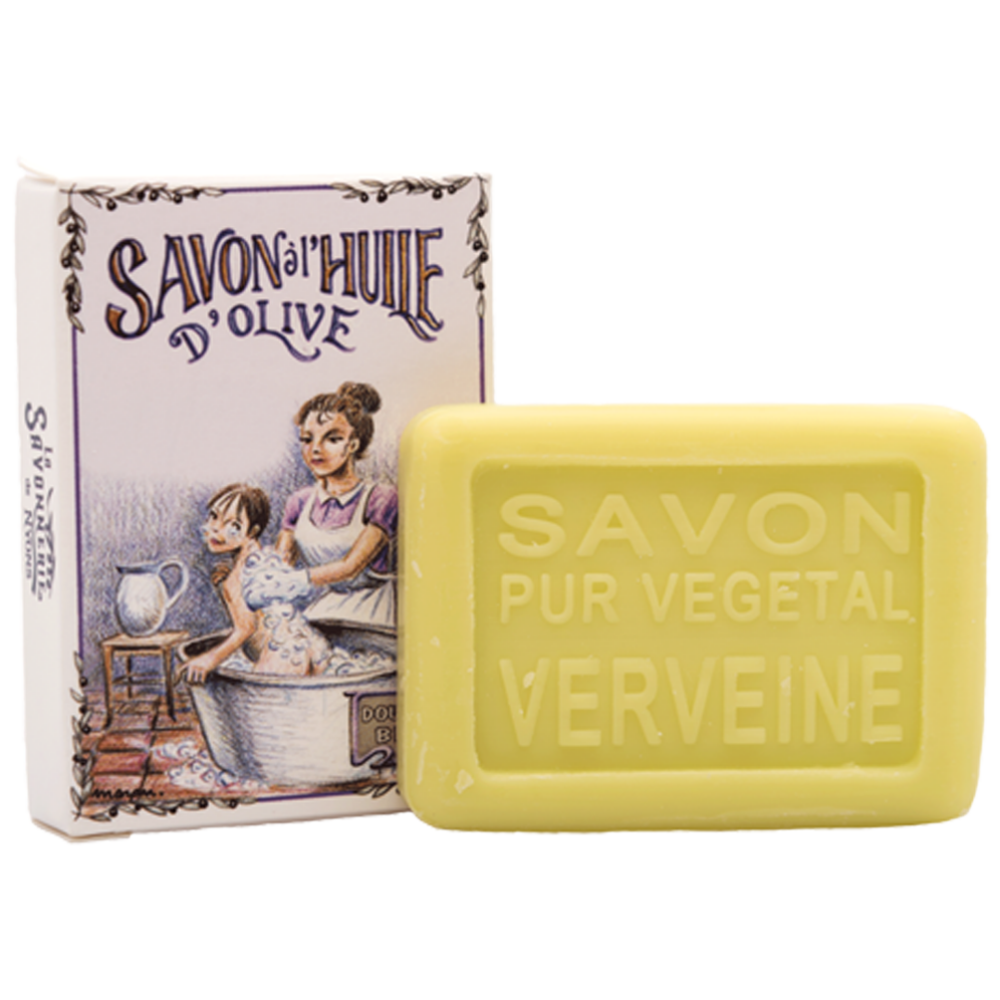 Mini savon rectangle de 25g à la verveine avec un emballage papier illustré par une maman donnant le bain à son enfant de la collection "Mini savons" - Fabriqué en France par La Savonnerie de Nyons