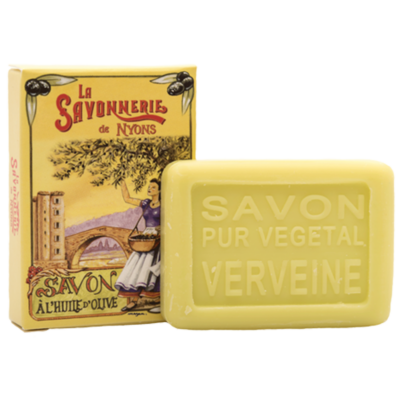 Mini savon rectangle de 25g à la verveine avec un emballage papier illustré par un pont provençal de la collection "Mini savons" - Fabriqué en France par La Savonnerie de Nyons