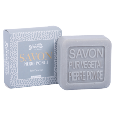 Savon pierre ponce 100g avec un emballage carton gris de la collection "Savons Exfoliants" - Fabriqué en France par La Savonnerie de Nyons