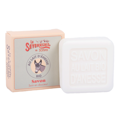 Savon au lait d'anesse 100g avec un emballage carton beige de la collection "Savons au lait BIO" - Fabriqué en France par La Savonnerie de Nyons