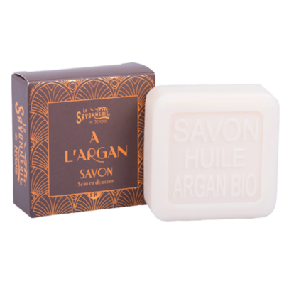 Savon à l'huile d'argan 100g avec un emballage carton de la collection "Huile d’Argan" - Fabriqué en France par La Savonnerie de Nyons