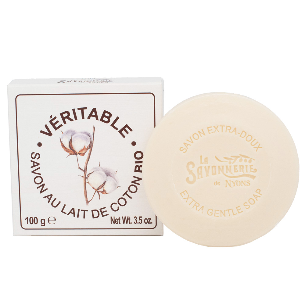 Savon Au Lait de Coton Bio | La Savonnerie de Nyons Savon rond au lait de coton Bio de la collection de savons "Savons aux laits végétaux BIO" - Fabriqué en France par La Savonnerie de Nyons