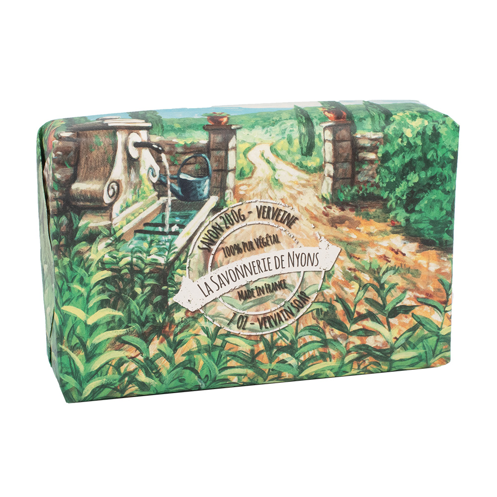 La Savonnerie de Nyons | La Savonnerie de Nyons Savon de 200g à la verveine avec emballage papier avec une illustration aquarelle d'un jardin provençal de la collection "Savons solides et liquides" - Fabriqué en France par La Savonnerie de Nyons