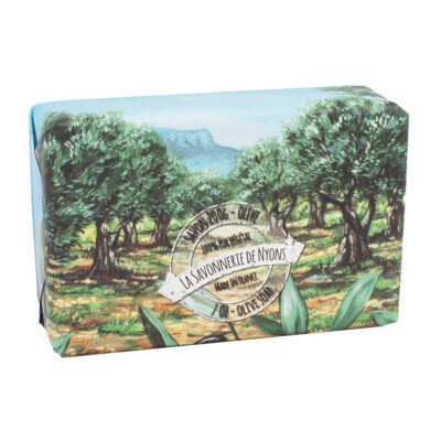 Savon de 200g à l'huile d'olive avec emballage papier avec une illustration aquarelle d'un olivier de la collection "Savons solides et liquides" - Fabriqué en France par La Savonnerie de Nyons