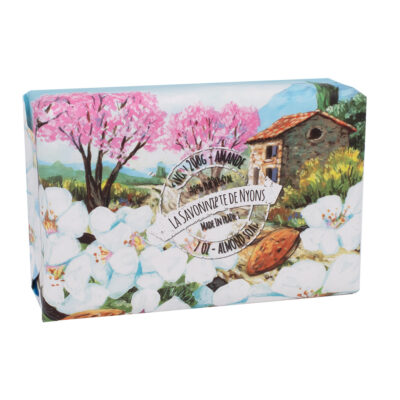 Savon de 200g à la fleur d'amandier avec emballage papier avec une illustration aquarelle d'un amandier en fleur de la collection "Savons solides et liquides" - Fabriqué en France par La Savonnerie de Nyons