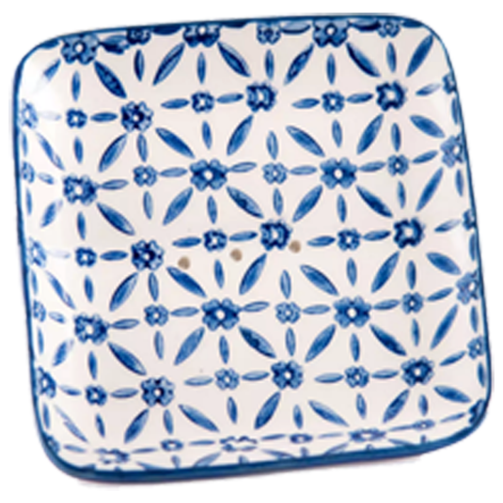 Porte savon carré en céramique aux motifs bleus- de la collection pour la maison "Porte Savons". Ideal pour les savons carrés.  La Savonnerie de Nyons