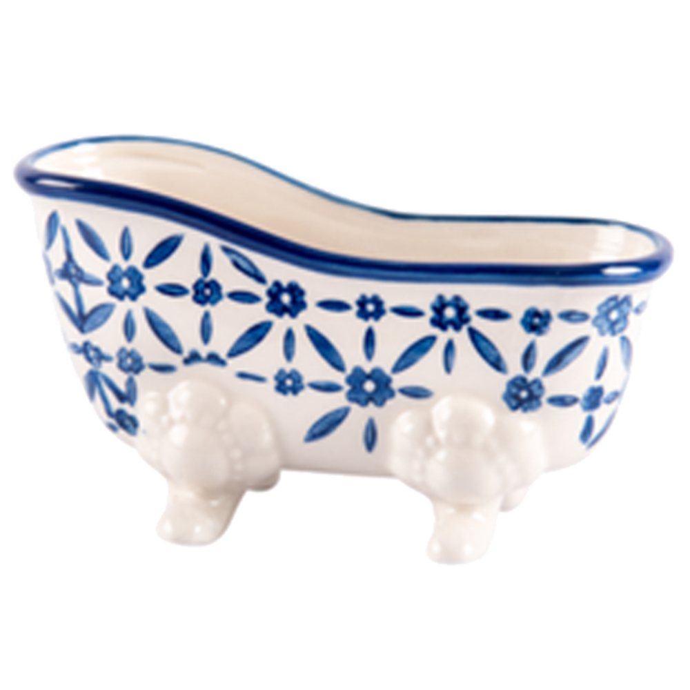 Porte savon en céramique aux motifs bleus en forme de baignoire ancienne- de la collection pour la maison "Porte Savons".  La Savonnerie de Nyons