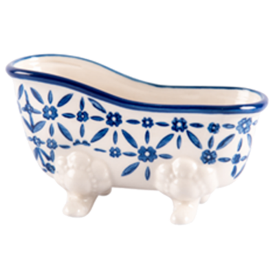 Porte savon en céramique aux motifs bleus en forme de baignoire ancienne - de la collection pour la maison "Porte Savons". La Savonnerie de Nyons