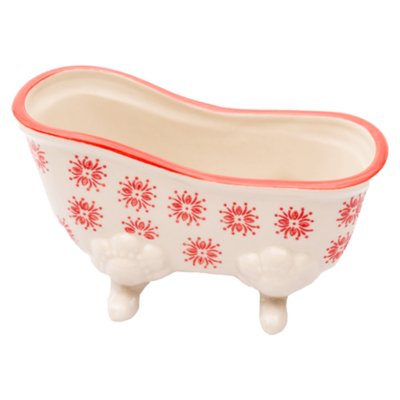 Porte savon en céramique aux motifs rouges en forme de baignoire ancienne - de la collection pour la maison "Porte Savons". La Savonnerie de Nyons