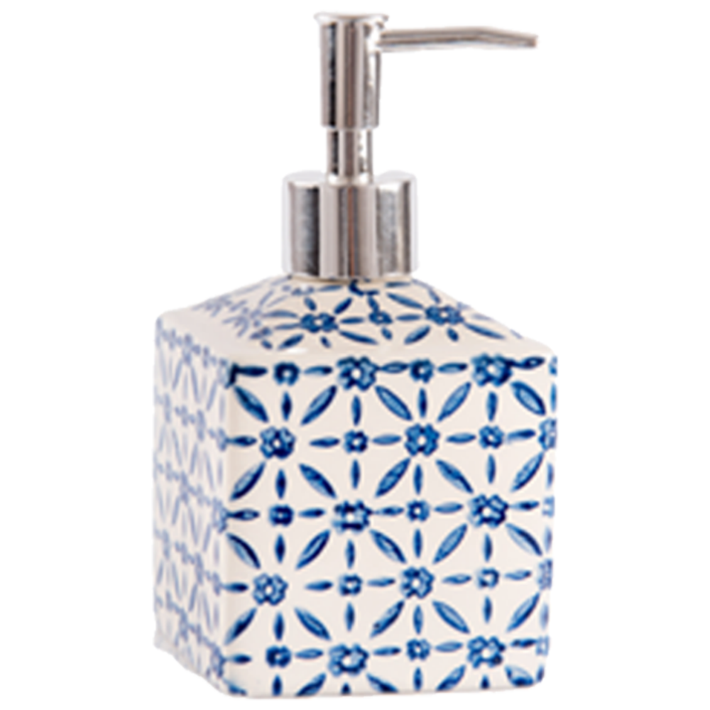 Distributeur de savon liquide en céramique aux motifs bleus- de la collection pour la maison "Porte Savons".  La Savonnerie de Nyons