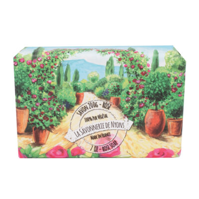 La Savonnerie de Nyons | La Savonnerie de Nyons Savon de 200g à la rose avec emballage papier avec une illustration aquarelle d'un jardin de rosiers de la collection "Savons solides et liquides" - Fabriqué en France par La Savonnerie de Nyons