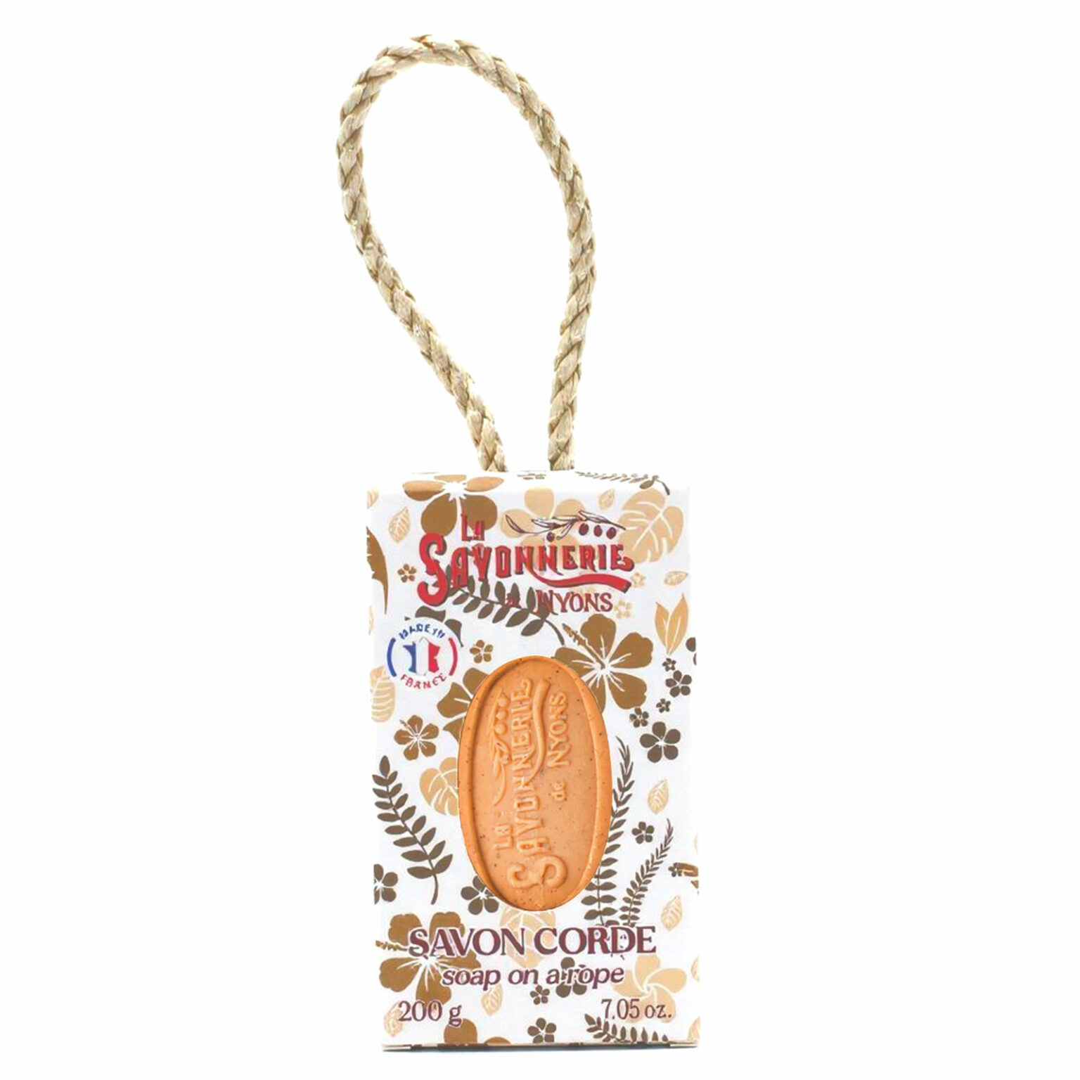 Savon exfoliant à la corde noyaux d'abricot 200g dans son étui carton La Savonnerie de Nyons