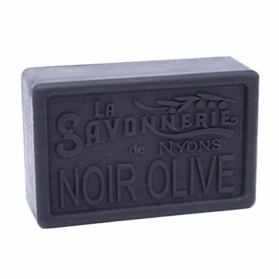 Savon rectangle parfumé à l'huile d'olive noire de 200g sur fond blanc - Fabrication traditionnelle française par La Savonnerie de Nyons