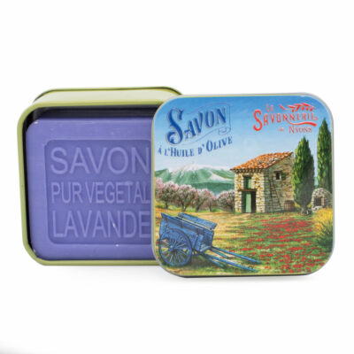 Savons dans une boite en métal avec une illustration de la borie de la collection de savons  "Boites avec Savons"