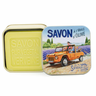 Savons dans une boite en métal avec une illustration de Mehari de la collection de savons  "Boites avec Savons"