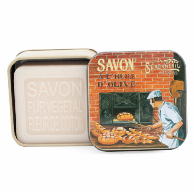 Savons dans une boite en métal avec une illustration de boulanger de la collection de savons  "Savons des Métiers"