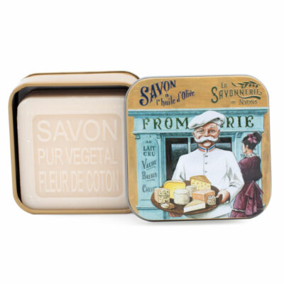 Savons dans une boite en métal avec une illustration de fromager de la collection de savons  "Savons des Métiers"