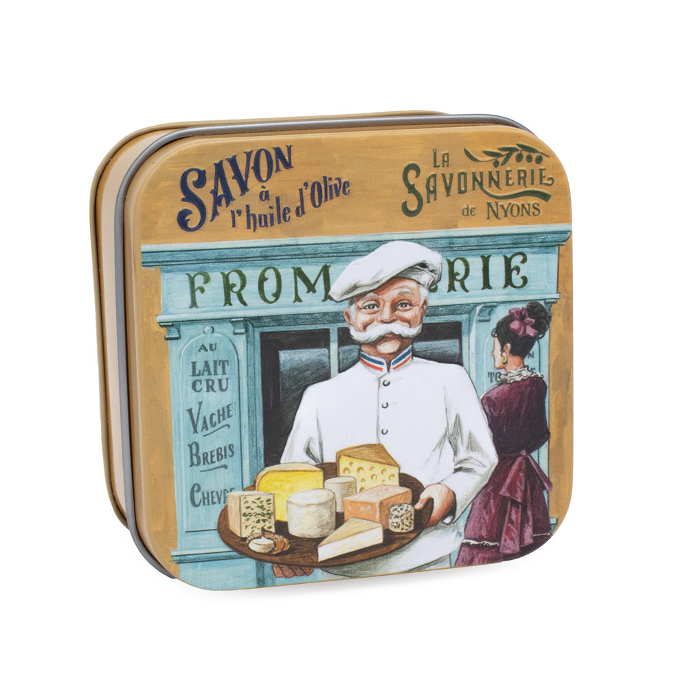 Savons dans une boite en métal avec une illustration de fromager de la collection de savons  "Savons des Métiers" - Fabriqué en France par La Savonnerie de Nyons